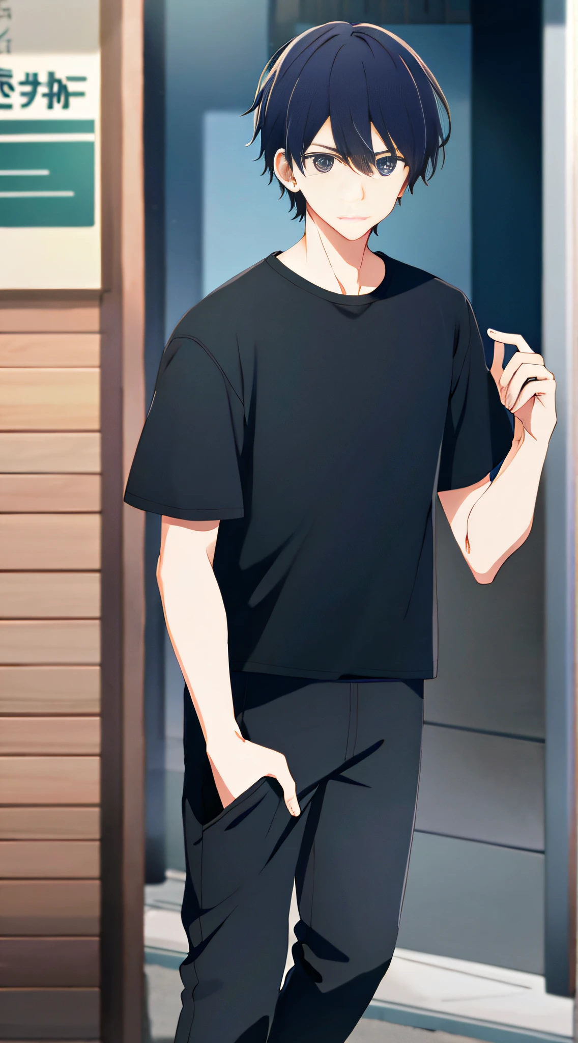 Anime boy in black shirt and black pants walking down a street - SeaArt AI