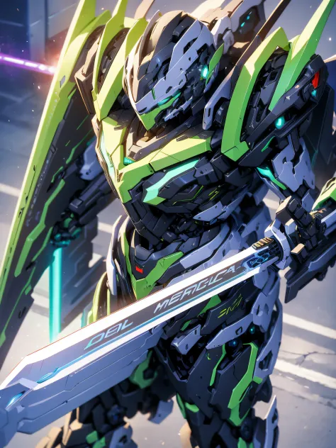 mecha_musume, 1 robot knight, long_hair, science_fiction, weapon, lightsaber, holding_sword, blue_eyes, solo, headdress, holding_weapon, mecha, bust, green and white livery, angel halo, sad gaze, upper body