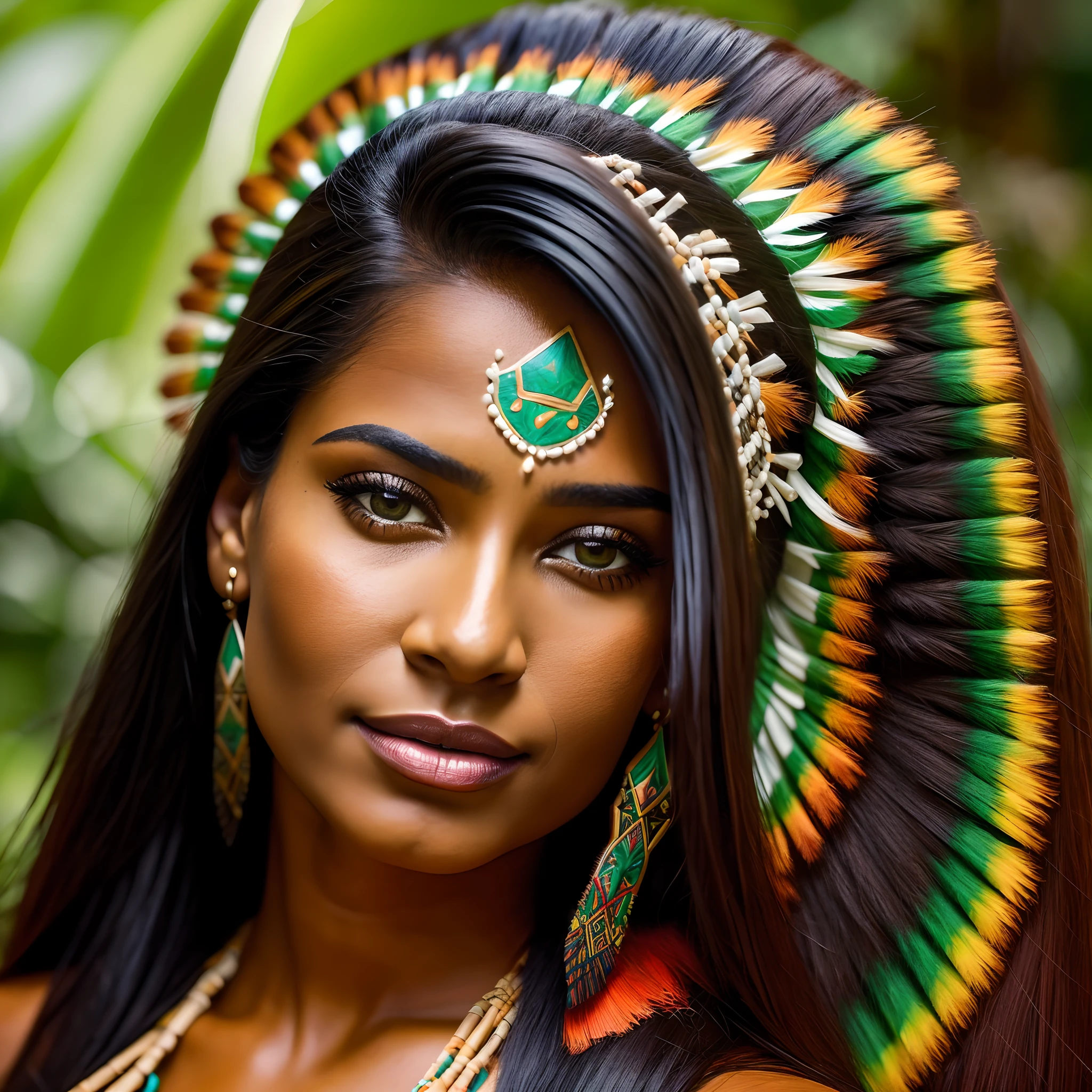 Beautiful Brazilian indigenous woman looking 29 years old, dark skinned,cabelos pretos longos lisos,imagem 8k,ou superior,olhos negros hiperrealistas,rosto lindo hiperrealista,Nikon D700.(Amazon rainforest in the hyperrealistic background,usando cocar,seios medios de fora,saia de palha indigena,Face outlined with typical painting of them highlighting their face,obra de arte,hiperrealista)