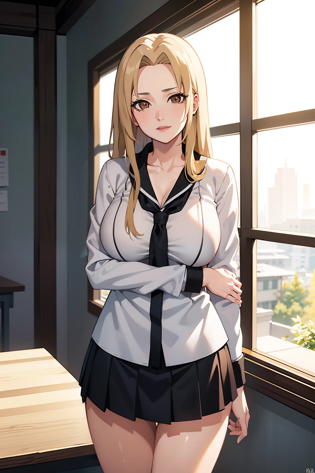 Masterpiece, Best quality, A high resolution, 1 girl, Side lighting, Masterpiece, Best quality, A high resolution, Tsunade,（ White ,A half body，On the classroom desk，Beautiful brown eyes, Gorgeous lips,mediuml breasts,Be red in the face，Idiotic laughter）