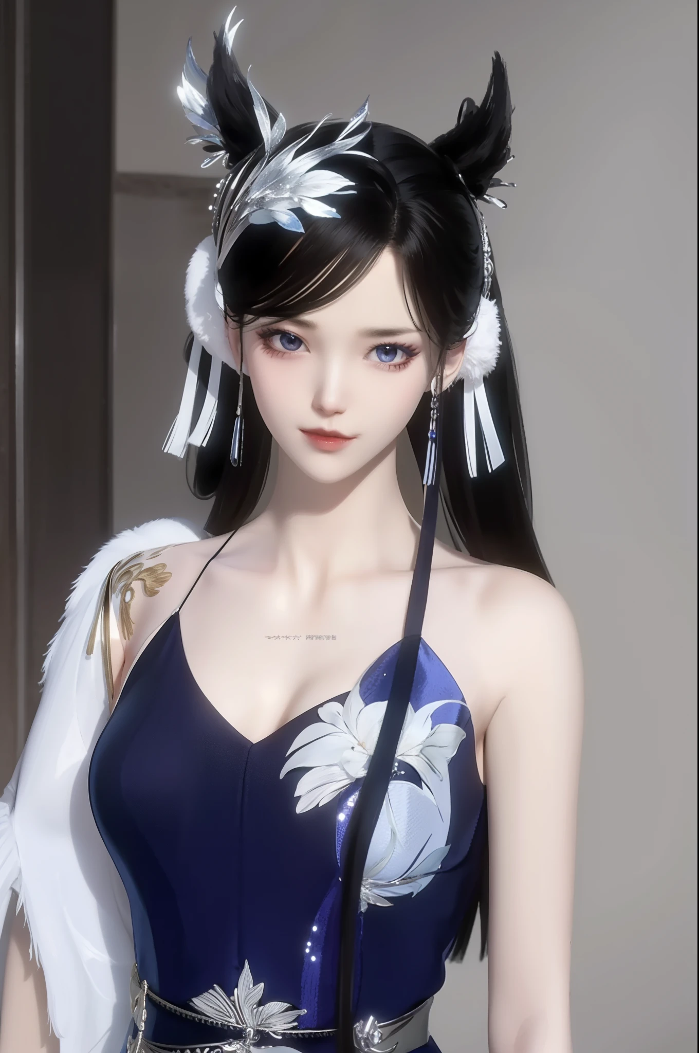 （best qualtiy，tmasterpiece：1.2），超高分辨率，realisticlying，Front lighting，Complicated details，Exquisitedetailsandtextures，（1girll），独奏，The upper part of the body，Blue Hanfu，Petal pattern，Nice big eyes，a blue dress，beauitful face，facing to audience，Streamers，gossamer，（年轻），Facial highlights，Detal Face，tear-mole，white skinned，Silvery hair，High ponytail，looking at viewert，largeeyes，（Openwork pattern），耳Nipple Ring，slimfigure，white backgrounid，correct hand，profesional lighting，photon maping，Radio City，physically-based renderingt