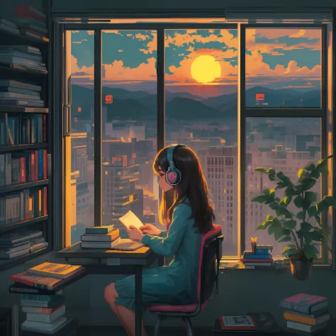 woman sitting at study table reading book, evening, sunset, beside the window, pixel art, using headphones