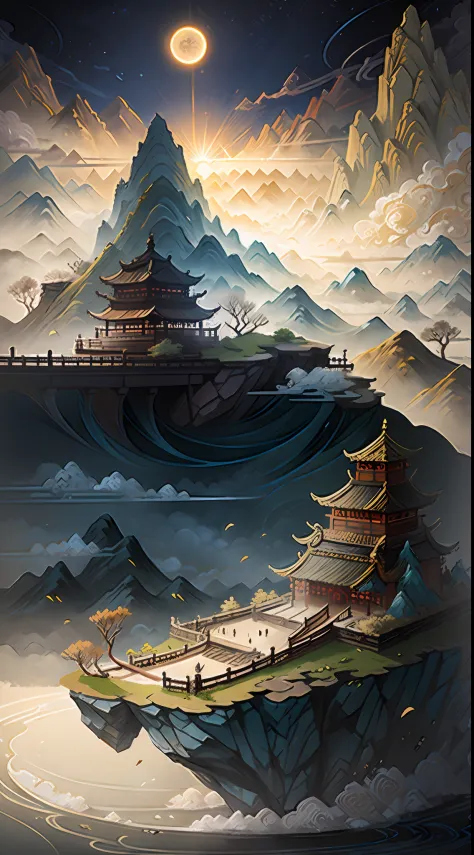 Ancient Chinese landscape, mountains, rivers, auspicious clouds, sunlight, masterpiece, super detail, epic composition, ultra high definition, high quality, extremely detailed, official art, uniform 8k wallpaper, super detail, 32k -- v 6
