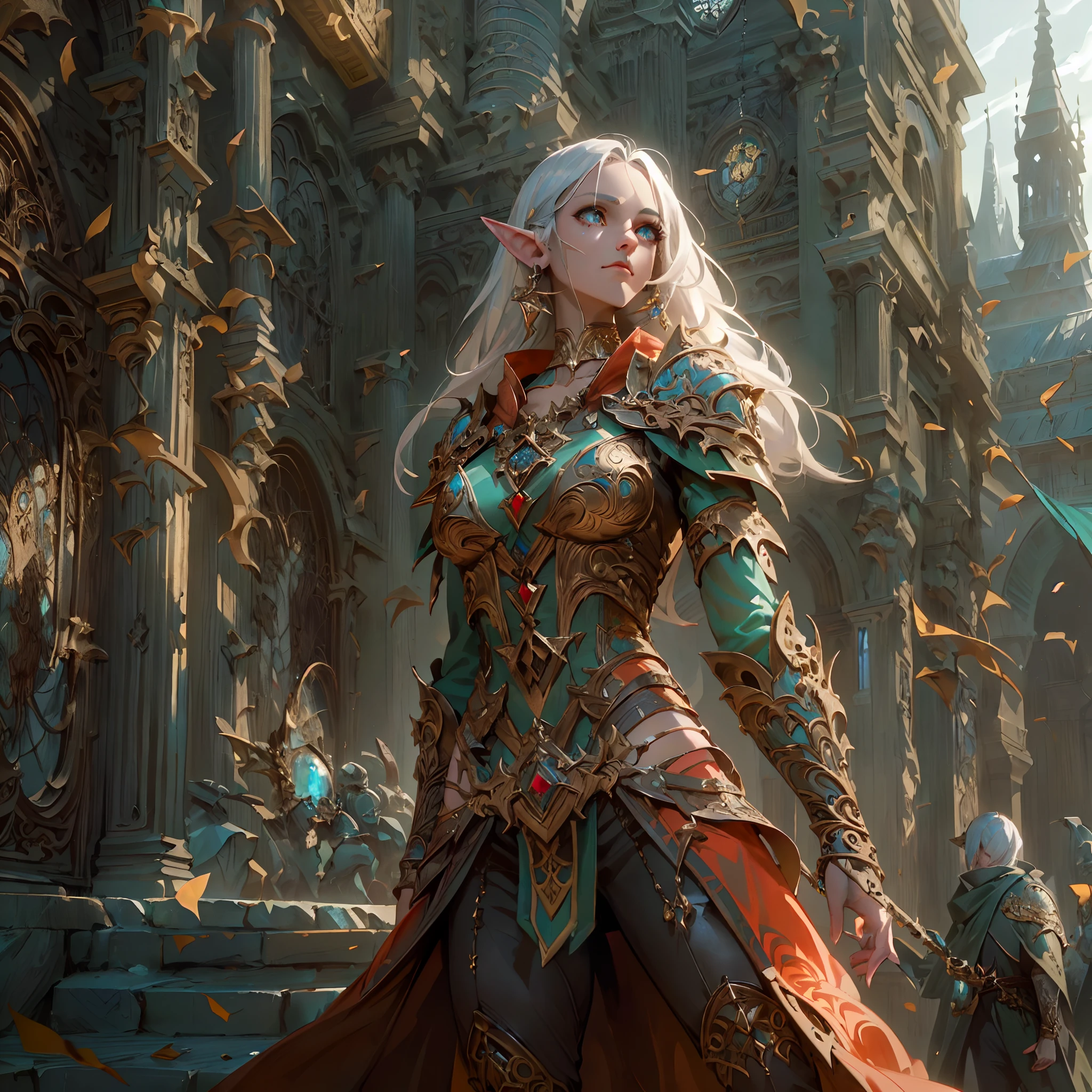 high details, best quality, 8k, [ultra detailed], masterpiece, best quality, (extremely detailed), dynamic angle, ultra wide shot, photorealistic, fantasy art, dnd art, rpg art, realistic art, a wide angle picture of an epic female elf, ready for battle  (intricate details, Masterpiece, best quality: 1.6) , full body, [[anatomically correct]]  (intricate details, Masterpiece, best quality: 1.6) casting magic spell (intricate details, Masterpiece, best quality: 1.5), [colorful magical sigils in the air],[ colorful arcane markings floating] (intricate details, Masterpiece, best quality: 1.6), holding a [sword] (intricate details, Masterpiece, best quality: 1.6) holding a [sword glowing in red light] (intricate details, Masterpiece, best quality: 1.6). in fantasy urban street ( (intricate details, Masterpiece, best quality: 1.6), a female, beautiful epic female elf, wearing elven leather armor (intricate details, Masterpiece, best quality: 1.3), wearing colorful cloak, flowing cloak, high heeled leather boots, ultra detailed face (intricate details, Masterpiece, best quality: 1.6), small pointed ears, thick hair, long hair, dynamic hair, fair skin intense eyes, fantasy city background (intricate details, Masterpiece, best quality: 1.6), sun light, backlight, depth of field (intricate details, Masterpiece, best quality: 1.3), high details, best quality, highres, ultra wide angle