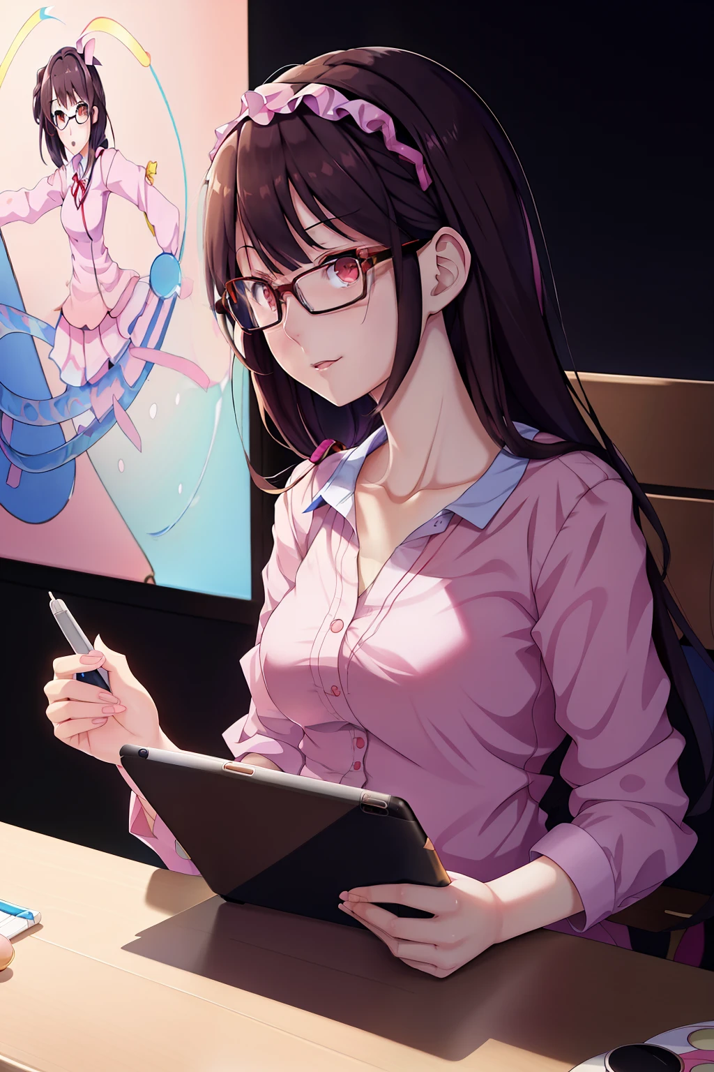 anime girl with glasses and a pink shirt holding a tablet, digital anime illustration, detailed digital anime art, anime moe artstyle, marin kitagawa fanart, ilya kuvshinov. 4 k, painted in anime painter studio, digital anime art, smooth anime cg art, seductive anime girl, artgerm and atey ghailan, badass anime 8 k