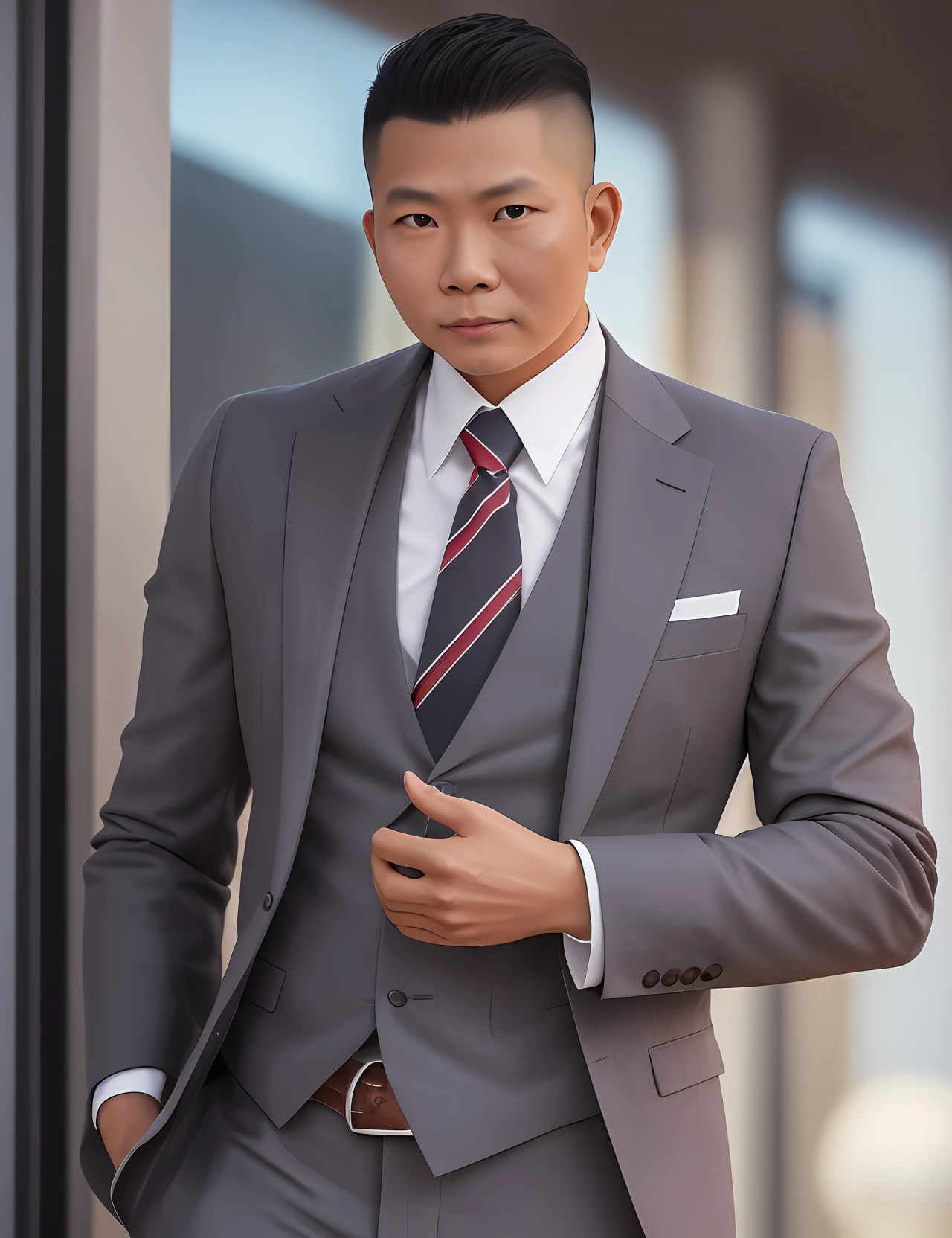 a indonesian man standing with 24 years in suit and tie, body and head straight in the photo, facing the viewer of the photo, eyes fixed to the lens, appears shoulders and head in the photo, man centered in the photo, 8k, best quality, masterpiece, realistic, realistic photo, movie photo, ultra realistic, 1 person, detailed, perfect lighting,  DSRL, professional photo, 4k --auto --s2