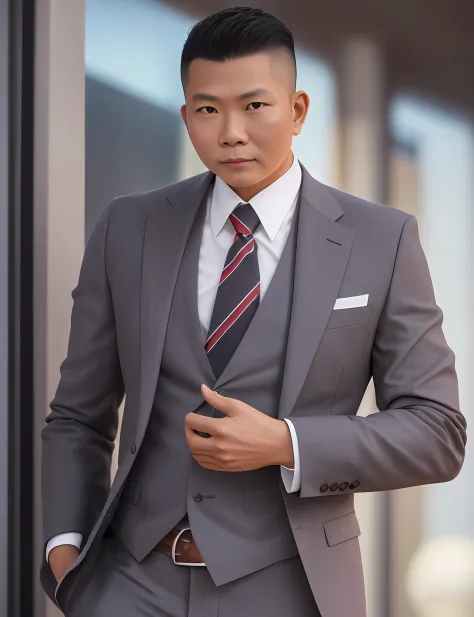 a indonesian man standing with 24 years in suit and tie, body and head straight in the photo, facing the viewer of the photo, ey...