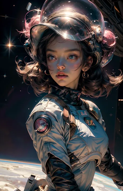 "((Masterpiece)), Best quality, Rosa, Explore the world of bubblegum with exquisite astronauts (bubble gum), light and space, a wide variety of pastel shades, All in high definition and detail, As zero gravity, Helmet visor showing the universe, Deep space...