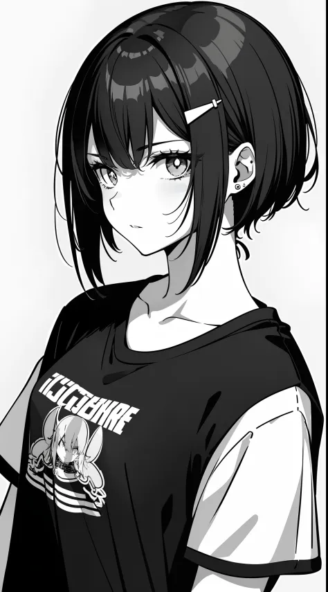 girl, side portrait, black and white, messy short hair, edgy accessories,sporty style, casual t-shirt, confident gaze, monochrome color scheme, looking to the side, chic street fashion, casual hands in pockets pose,head,((a person)),Hairpin,Tie one's hair
