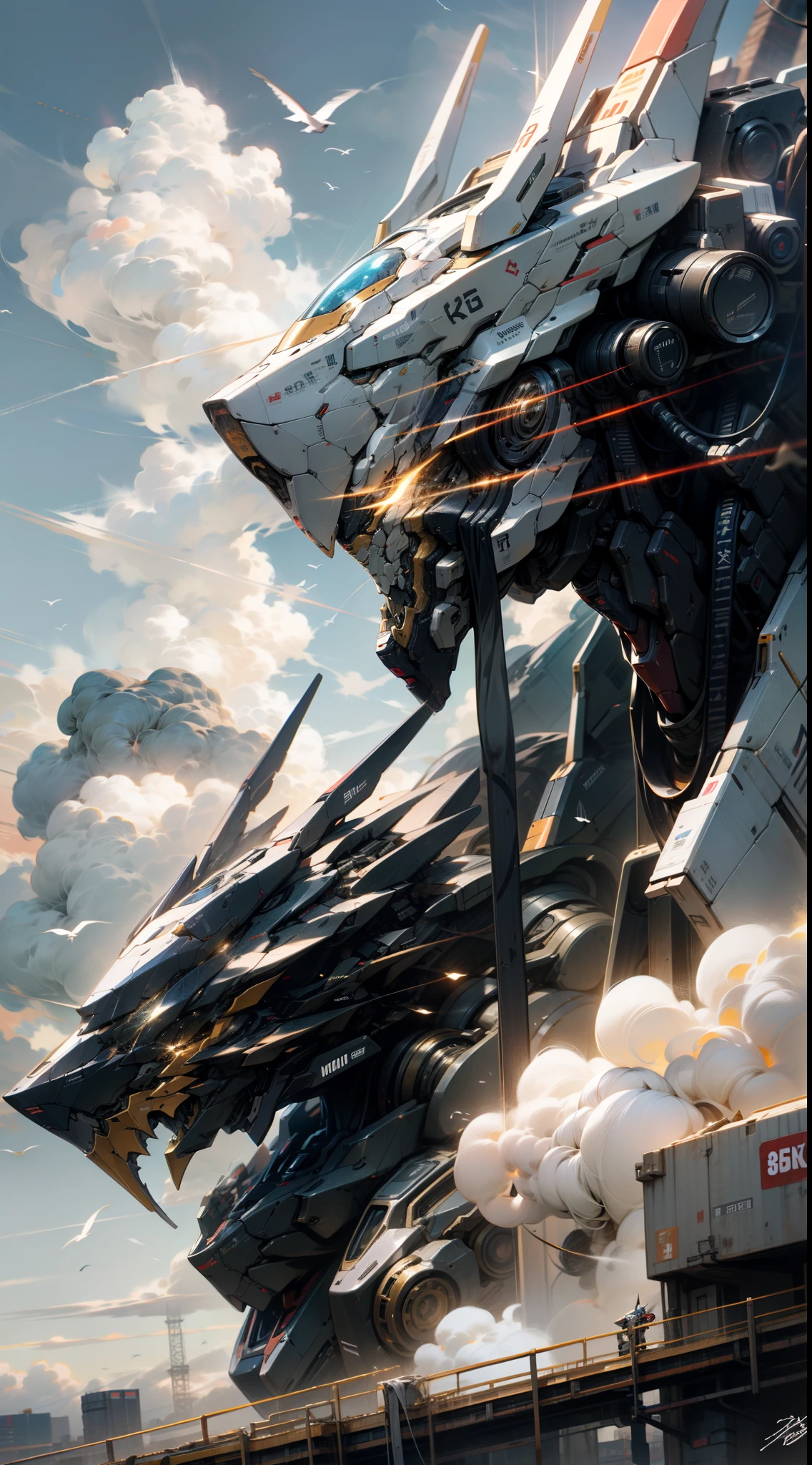 8K wallpaper, Masterpiece,Cinematic lighting, Best quality,illustration,detailed face portrayal,Dramatic angle,
Mecha \\\(leges\\\), Mecha,robot, Science fiction, Mecha, No Man, Outdoors, Cloud, sky, scenery, Military, Bird, Non-humanoid robots, signatures