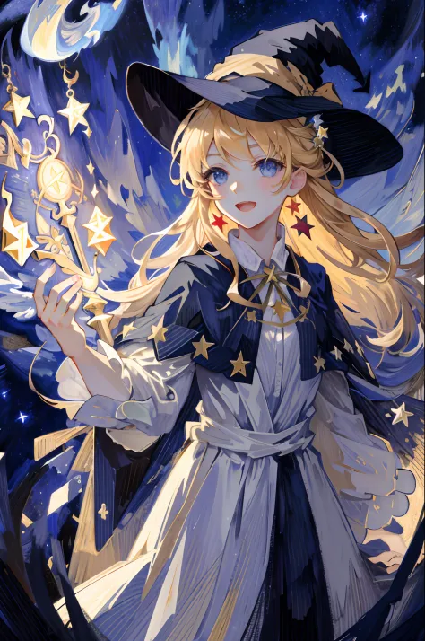((Masterpiece:1.2, Best quality)), 1girll, Solo, (Witch hat), Blonde hair, Long hair, dress, aurora, Night, Star (sky), mitts, sky, White dress, Night sky, Open mouth, Starry sky, Blue eyes, ribbon, Very long hair, Red dress, Smile, Hair ribbon, Cape, Blue...