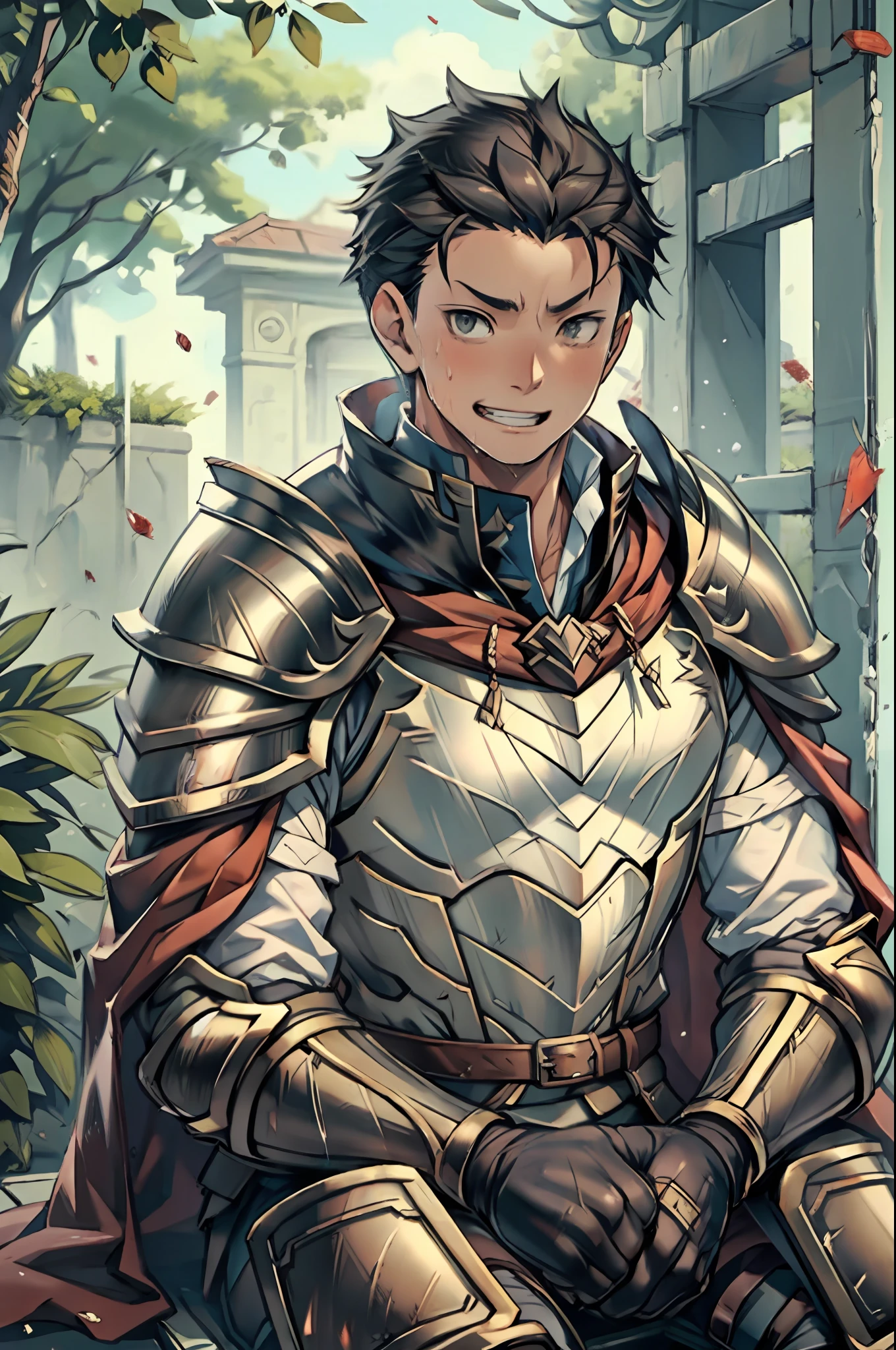 Hector Fey， 独奏， looking at viewert， Teasing laughter， Open your mouth，drools，perspire，Drenched，Get wet，mitts， 1 man， Male focus， sit astride（sit on chair），Cloak， Armour， Shoulder armor， look from down