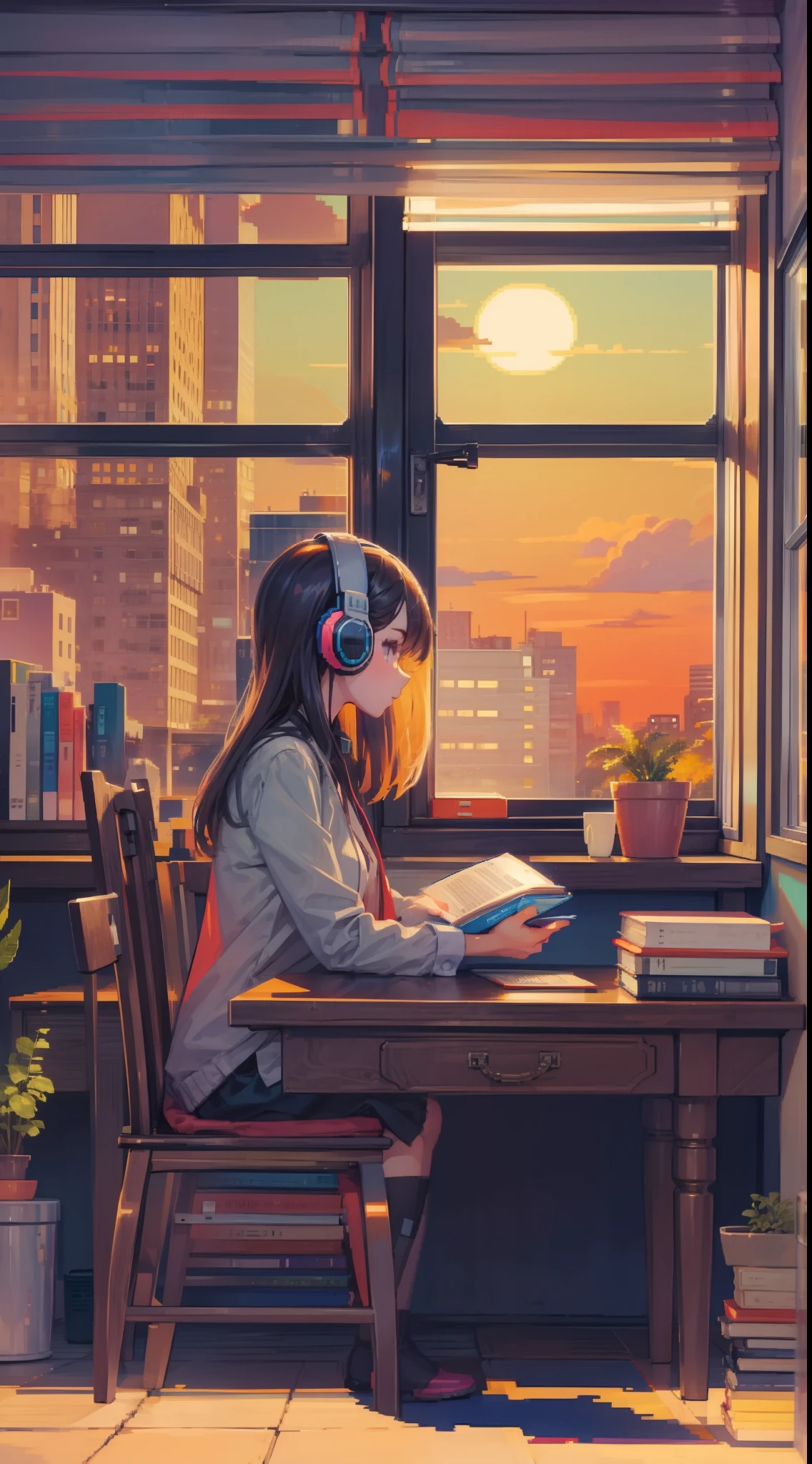 Woman sitting at study table reading a book, Evening, Sunset, beside the window, Pixel art, Use headphones