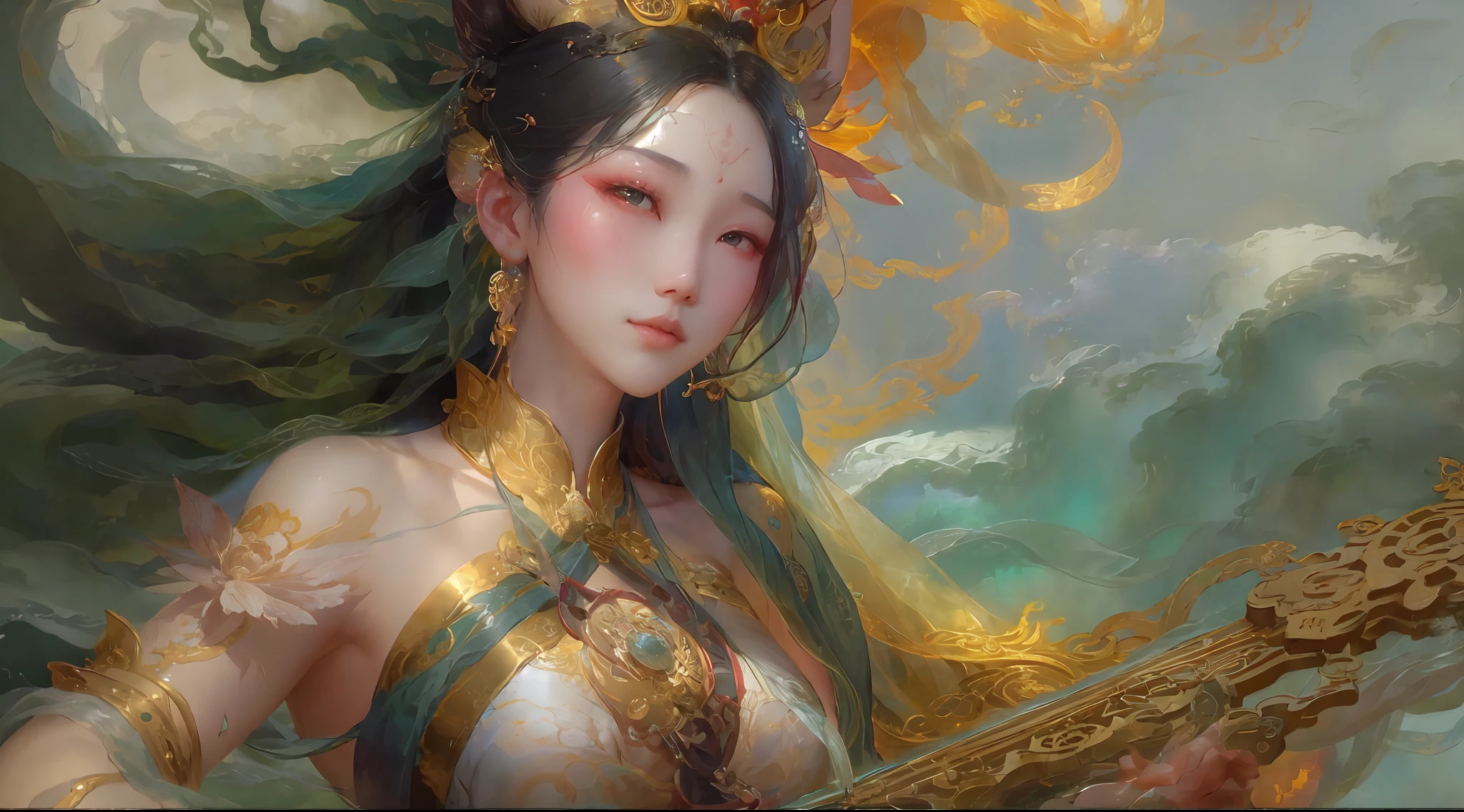 "Close-up of a woman holding a lute，Artgerm and Ruan Jia style，Ruan Jia and Artgerm collaboration style，Image of Nezha in the game Smite，Chinese fantasy elements，Inspiration for Yang J's work，Chinese mythology depicting Mu Yanling, the queen of the sea，Art germ plain atmosphere，Inspired by Ju Lian and Lan Ying，Show the image of an ancient Chinese goddess。"