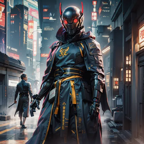 cyberfusion,Shinsengumi Haori assassin robot cyborg wearing robes cape,elite corporate security, cyberpunk shopping district