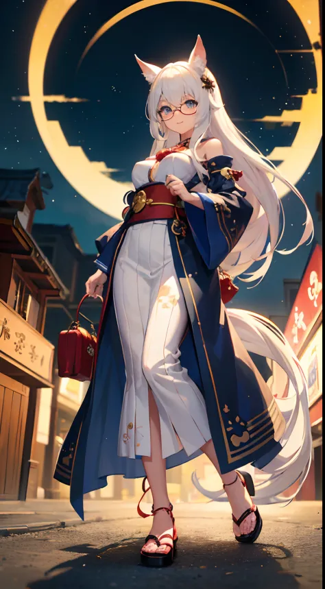 ((Best Quality)), (Ultra-detailed), ((Extremely detailed)), (Beautiful), ((Kawaii Girl))、Hair is white、length hair、Quirk hair、Blue eyes、Girl with horse ears and tail、tall、Breasts are big、Yukata,Sandals,、Red under-rim glasses、One girl、Standing、animesque、Uma...