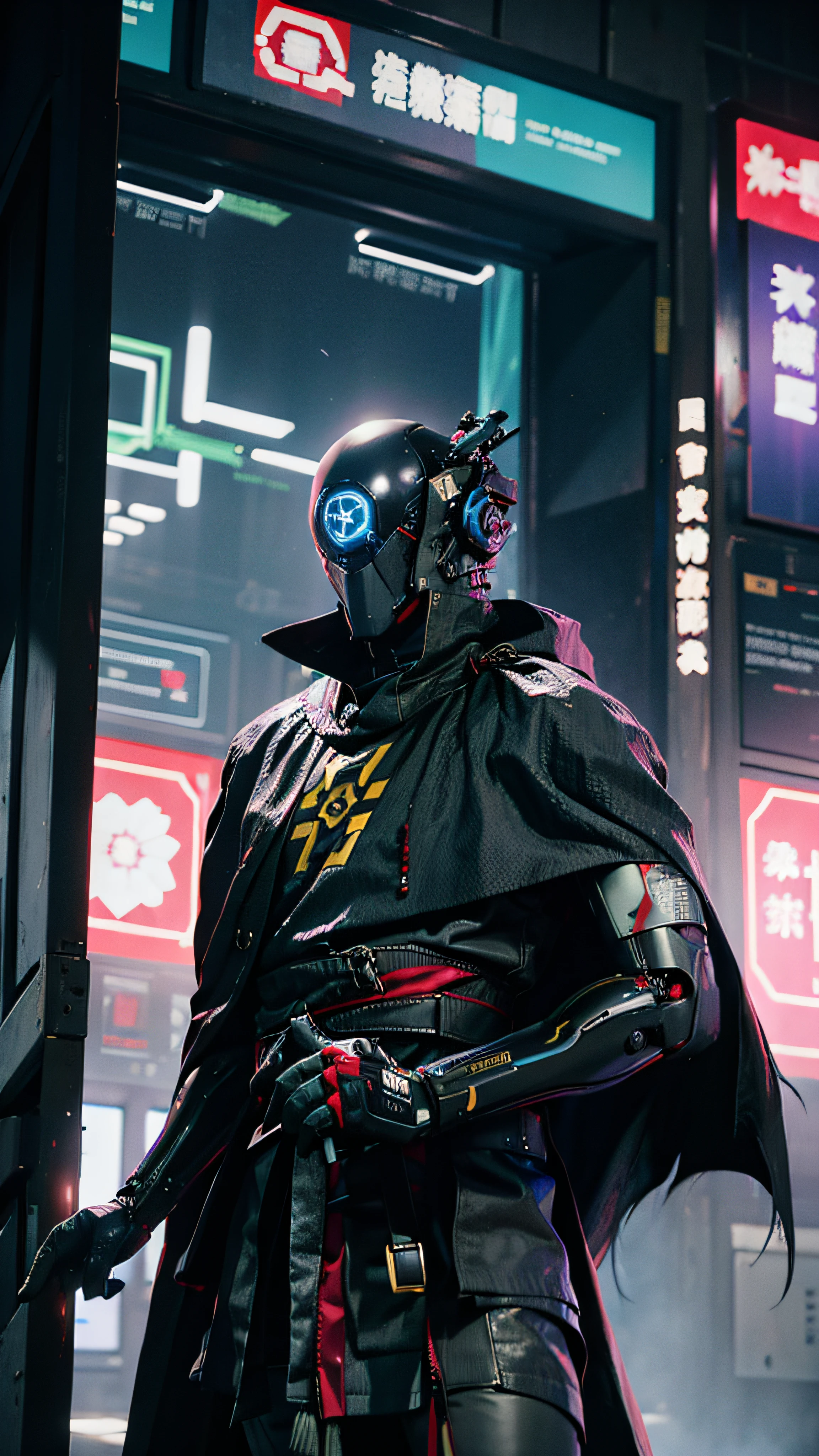 ciberfusão,Shinsengumi Haori robô assassino ciborgue vestindo capa de manto,segurança corporativa de elite, distrito comercial cyberpunk