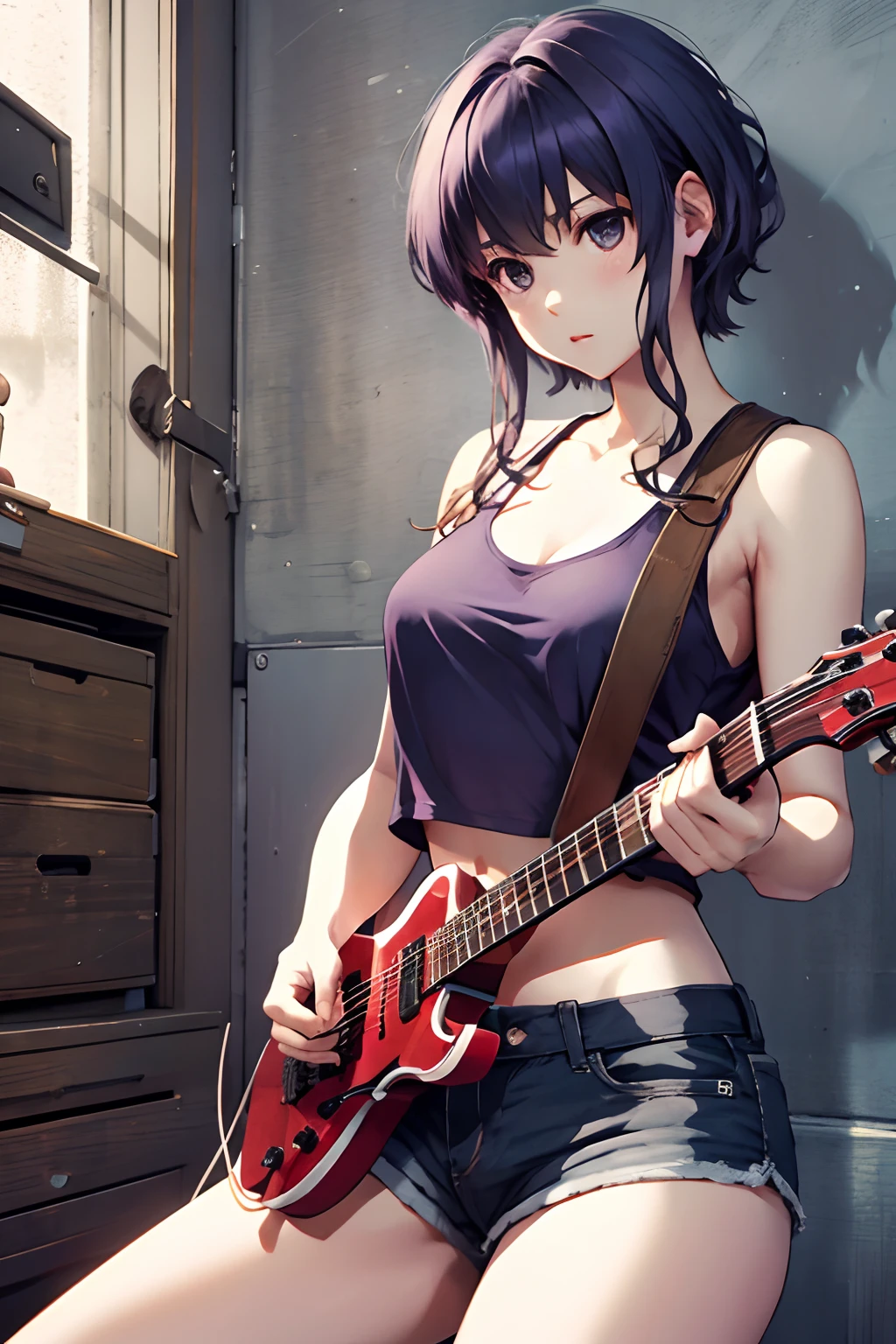 masterpiece, best quality, highres, hyoudou michiru, solo, tank top, crop top, short shorts, cowboy shot, indoors, holding instrument, guitar,