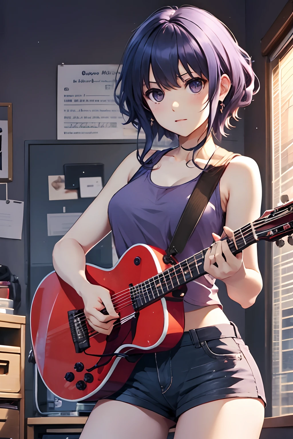 masterpiece, best quality, highres, hyoudou michiru, solo, tank top, crop top, short shorts, cowboy shot, indoors, holding instrument, guitar,