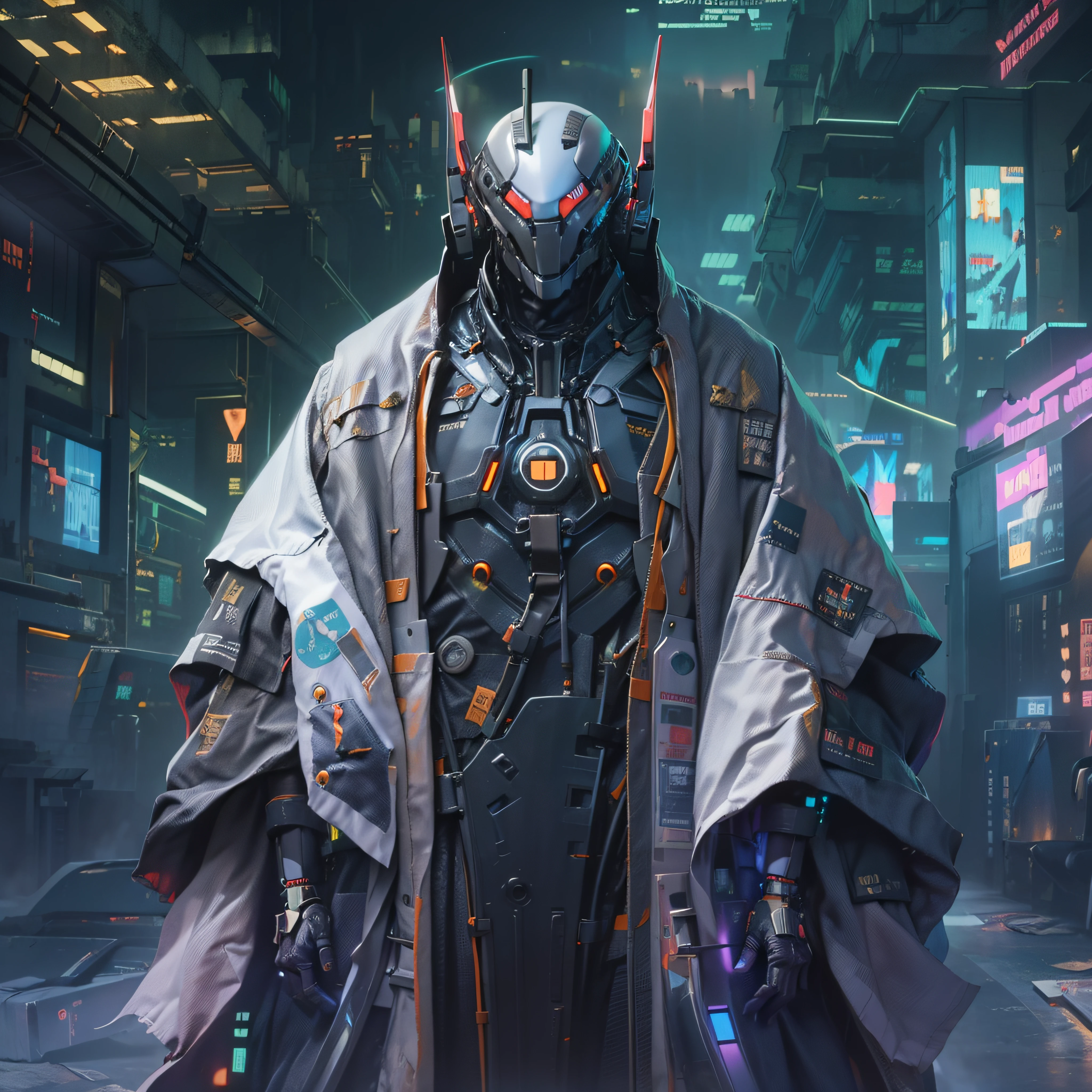 cyberfusion,Cyborg robot assassin Shinsengumi Haori portant une cape de robes,sécurité d&#39;entreprise d&#39;élite, (((station spatiale extraterrestre cyberpunk)))