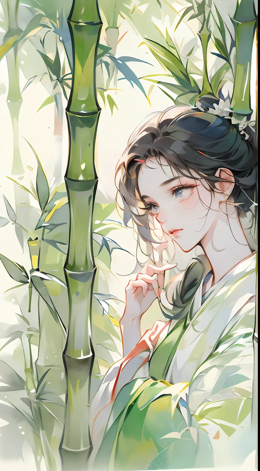 （Best Picture Quality，tmasterpiece，aquarelle，Splash ink），Delicate girl portrait，Cool temperament，Bamboo background，Scatter bamboo leaves。