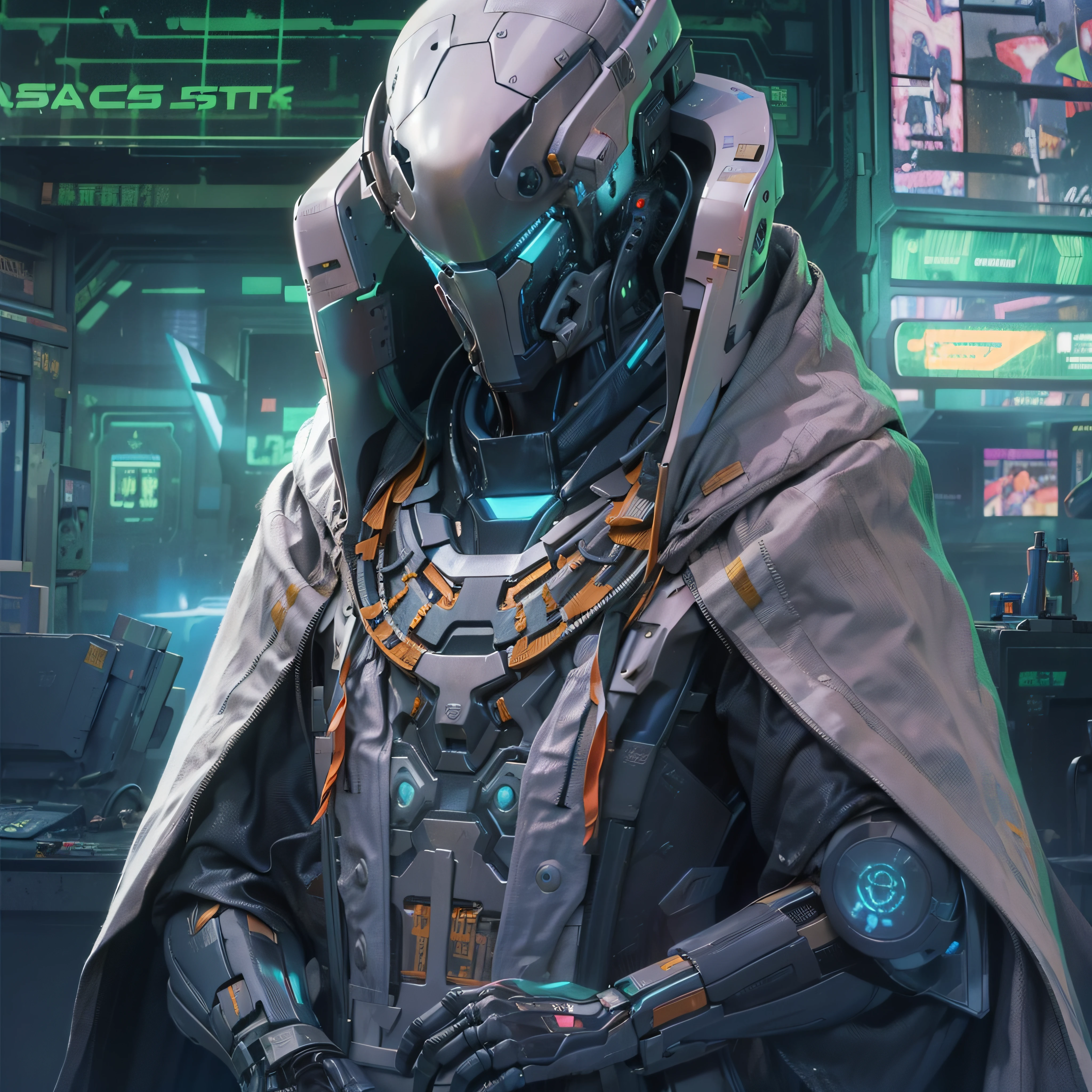 cyberfusion,Shinsengumi Haori assassin robot cyborg wearing robes cape,elite corporate security, (((cyberpunk alien spacestation)))