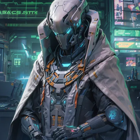 cyberfusion,Shinsengumi Haori assassin robot cyborg wearing robes cape,elite corporate security, (((cyberpunk alien spacestation...