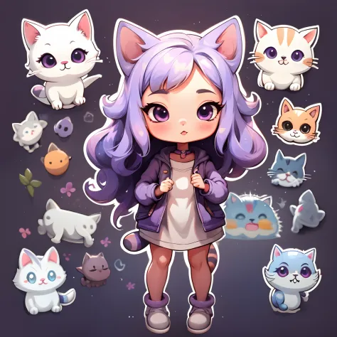 1girl, simple background,3d,mini, Full body,hair purple,cloth purple,with a cat