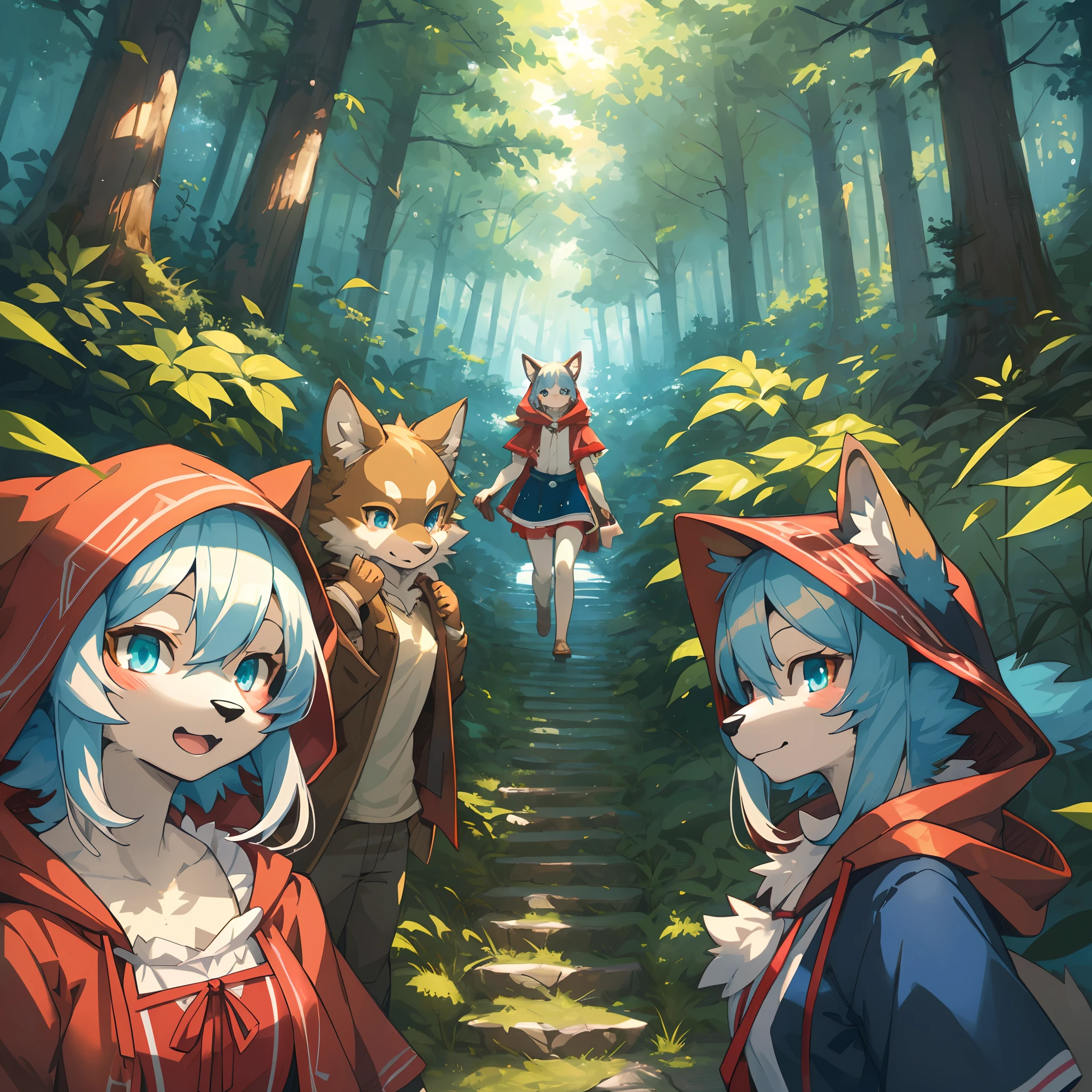 Dos chicas anime con sudaderas rojas y cabello azul caminando por un bosque  - SeaArt AI