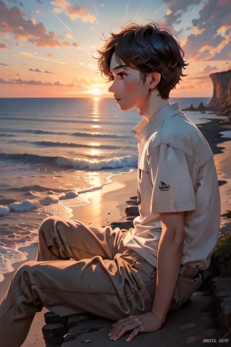 Facing the sea, Sitting on a cliff, Look up at the sunset boy