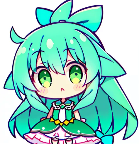 long turquoise hair，Tie a ponytail，Little girl with green eyes，Hair fluttering slightly，Cute loli shape，Wear a wedding dress