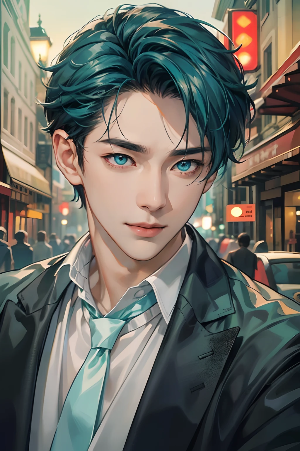 （hoang lap，A high resolution，Hyper-detailing，hdr），tmasterpiece，best qualtiy，1boy ，Handsome，cabelos preto e longos，Fine eyes and detailed face，white  shirt，dimple，Night Street，nightcity，midynight，self-shot，Light smile，（teal eyes）