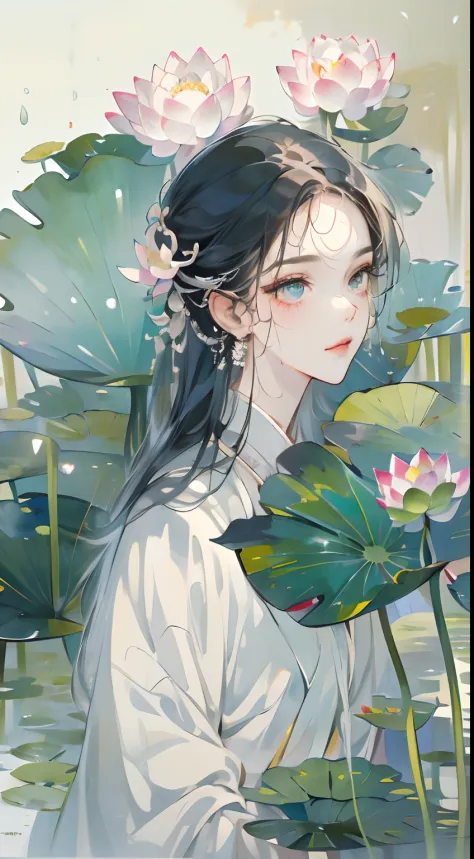 （Best picture quality，tmasterpiece，aquarelle，Splash ink），A delicate portrait of a girl，Cool temperament，Lotus leaf，lotuses