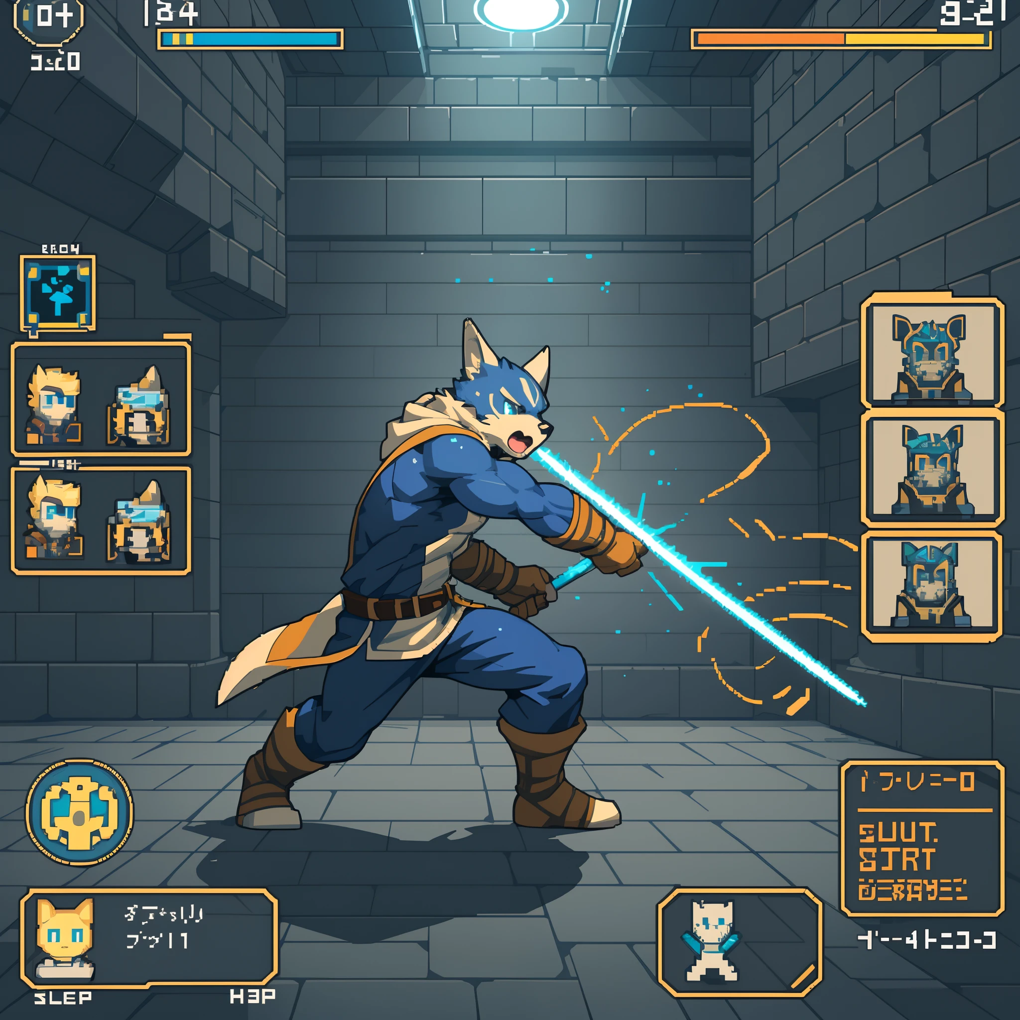 highres, absurdres(highly detailed beautiful face and eyes)perfect anatomy(kemono, furry anthro)(super handsome boy, solo, single)good lighting, cinematic shadow, detailed background, User Interface of Action game, dots game, pixel art, dungeon, Crisis, assorted poses, assorted expression, full body, sound effects, motion blur, from side,