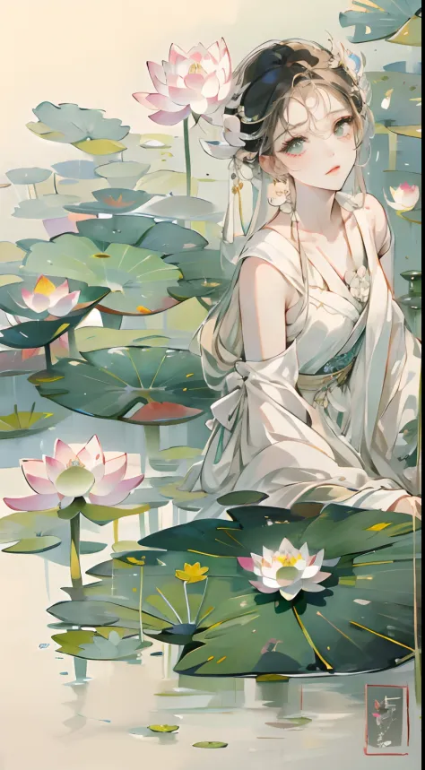 （Best picture quality，tmasterpiece，aquarelle，Splash ink），Delicate portrait of a girl，Cool temperament，Lotus，Lotus leaf，lotuses