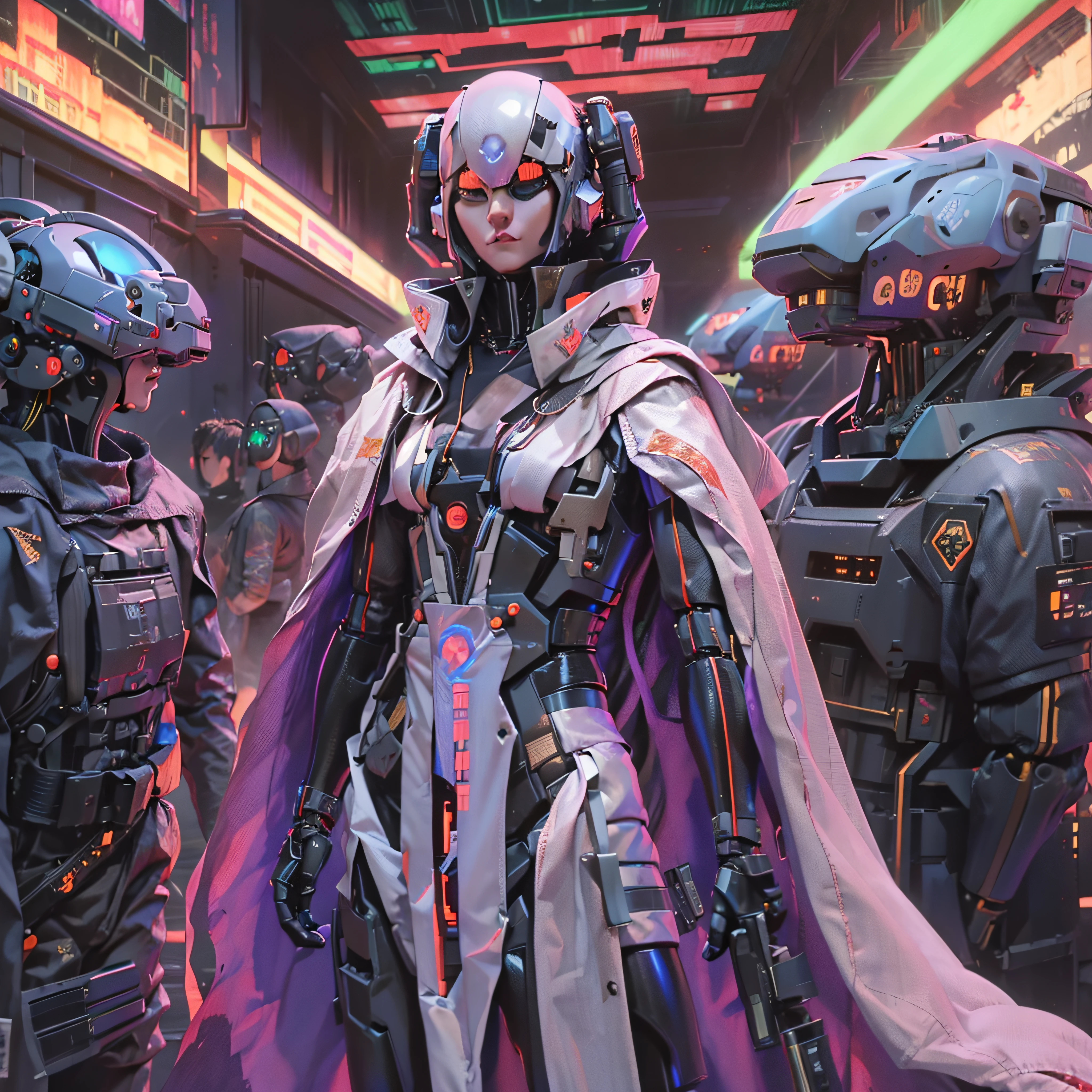 cyberfusion,Shinsengumi Haori (((female assassin robot cyborg))) wearing robes cape,elite corporate security, (((cyberpunk alien spacestation)))