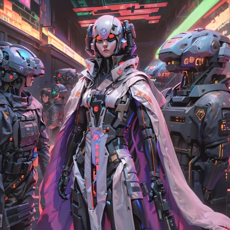 cyberfusion,Shinsengumi Haori (((female assassin robot cyborg))) wearing robes cape,elite corporate security, (((cyberpunk alien...