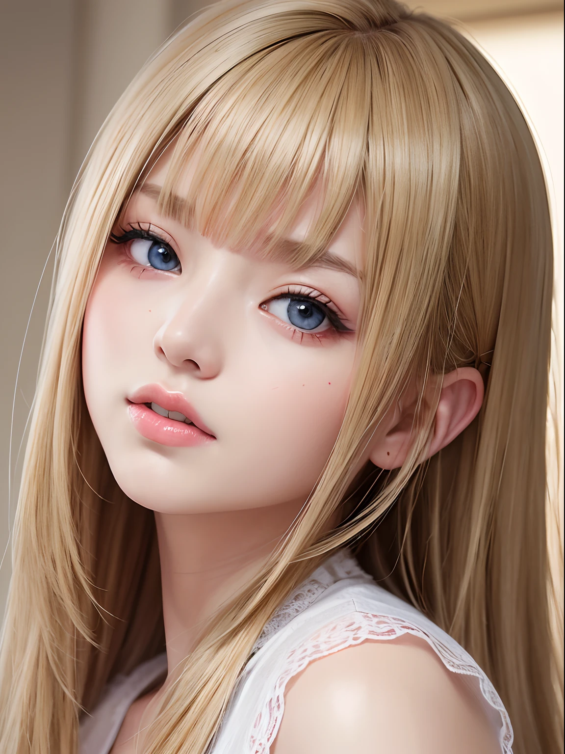 Light smile、natta、Raw photography、(((Portrait of extreme beauty)))、((glistning skin))、女の子1人、16 year old beautiful girl in Prague、bright expression、((Natura blonde hair))、[Big blue eyes that shine like jewels]、Glossy glossy skin、Silky long straight hair、eye liner、Beautiful bangs、Hair between the eyes、((​masterpiece、top-quality、ultra-detailliert、Film Light、intricate-detail、hight resolution、ighly detailed))、细致背景、8KUHD、Digital SLR、Soft light、hightquality、Film grain、FujifilmXT3 、Shallow depth of field、natural soft light、（No hands）、Kamimei、Lush bust