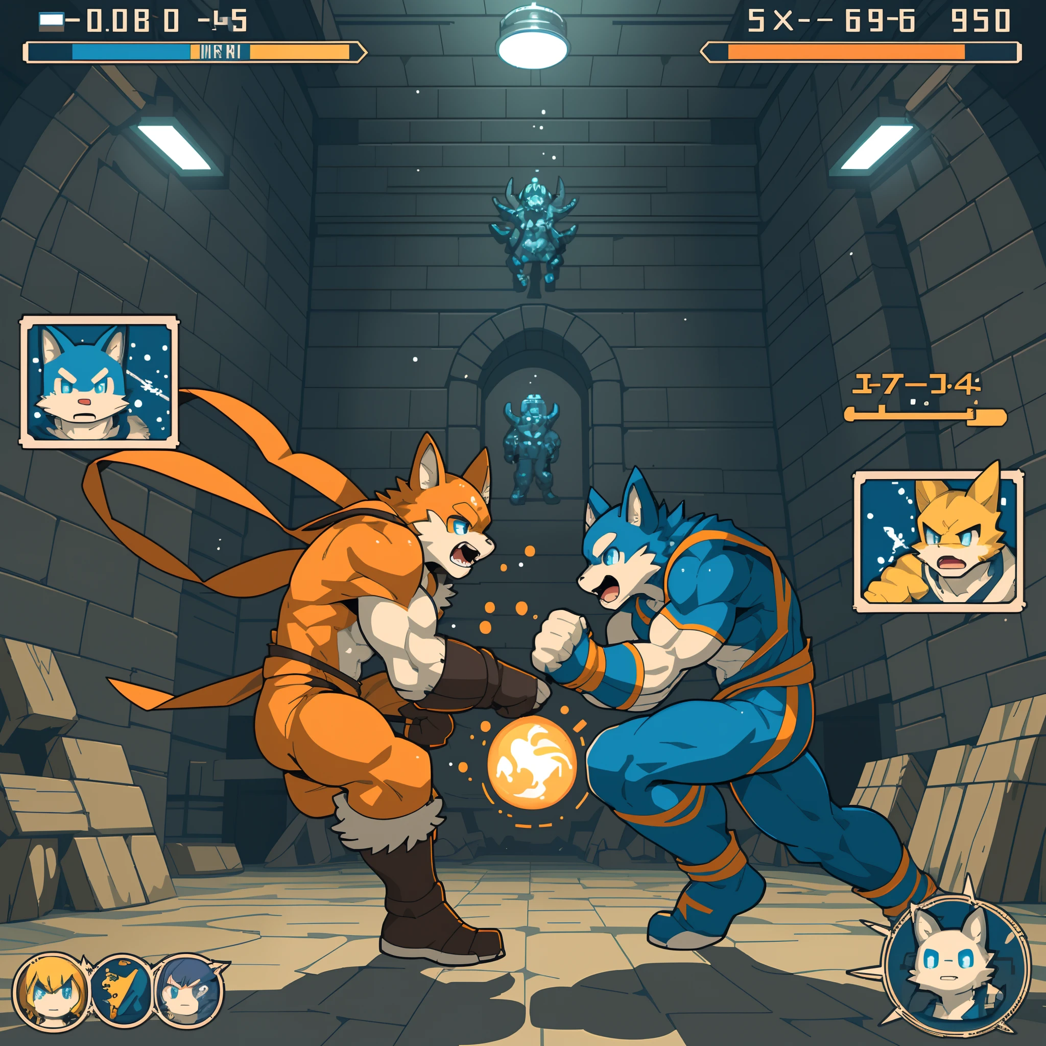 highres, absurdres(highly detailed beautiful face and eyes)perfect anatomy(kemono, furry anthro)(super handsome 2boys, pair)good lighting, cinematic shadow, detailed background, User Interface of Fighting game, dots game, pixel art, dungeon, Crisis, assorted poses, assorted expression, full body, sound effects, motion blur, from side,