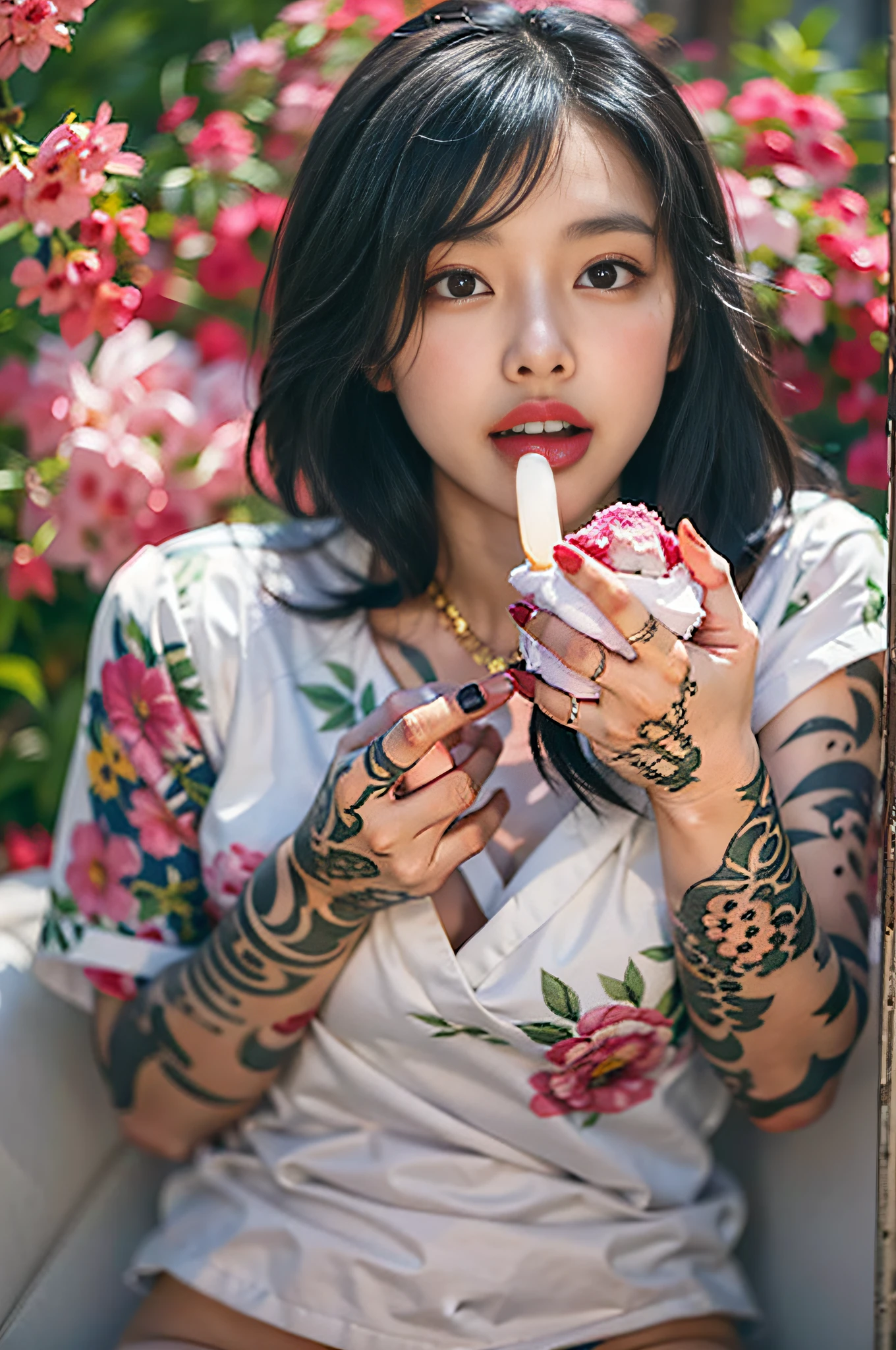 Смешанная азиатская сексуальная красотка,Татуировки на руках с цветами,сексуальное выражение лица,Лижи мороженое на руке