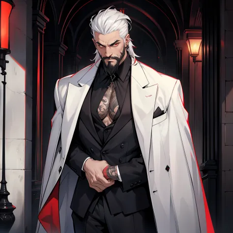 A tall and imposing grim reaper with short, slicked back white hair, a perfectly groomed beard, and piercing red eyes. He exudes...