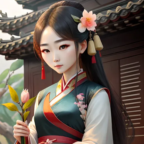 Peach blossom eyes, willow leaf eyebrows, Chinese Hanfu ancient style architecture