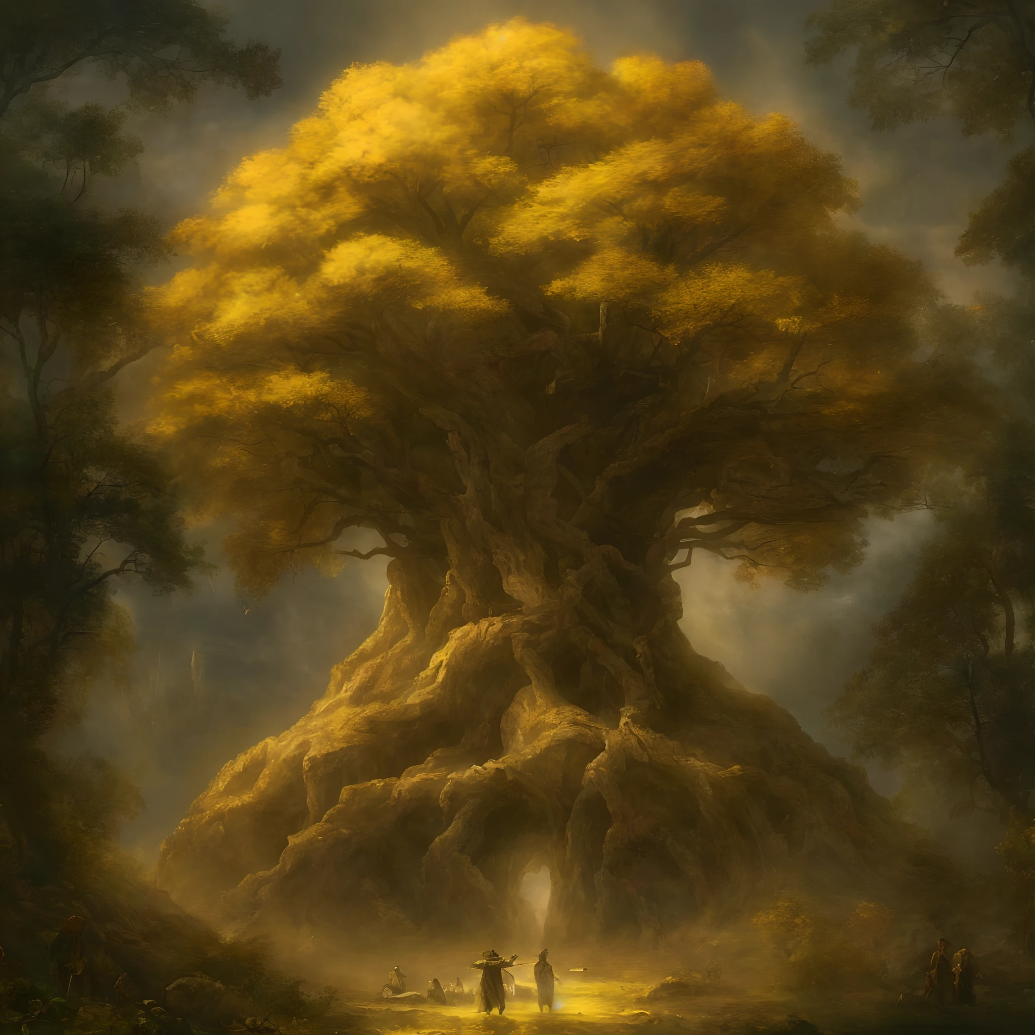 The Erdtree (Golden tree, Ōgonju) is a giant, golden tree that towers above the Lands Between. The Lands Between are blessed by the Elden Ring, which is the source of the Erdtree, that symbolizes its presence. It is the heart of the Golden Order. The blessing granted by the Erdtree and consequently the Elden Ring, is represented by a golden light in the eyes of the inhabitants of the Lands Between, known as the Grace of Gold. Upon their deaths, the remembrances of demigods and greater champions, and other such powerful beings are hewn into the Erdtree