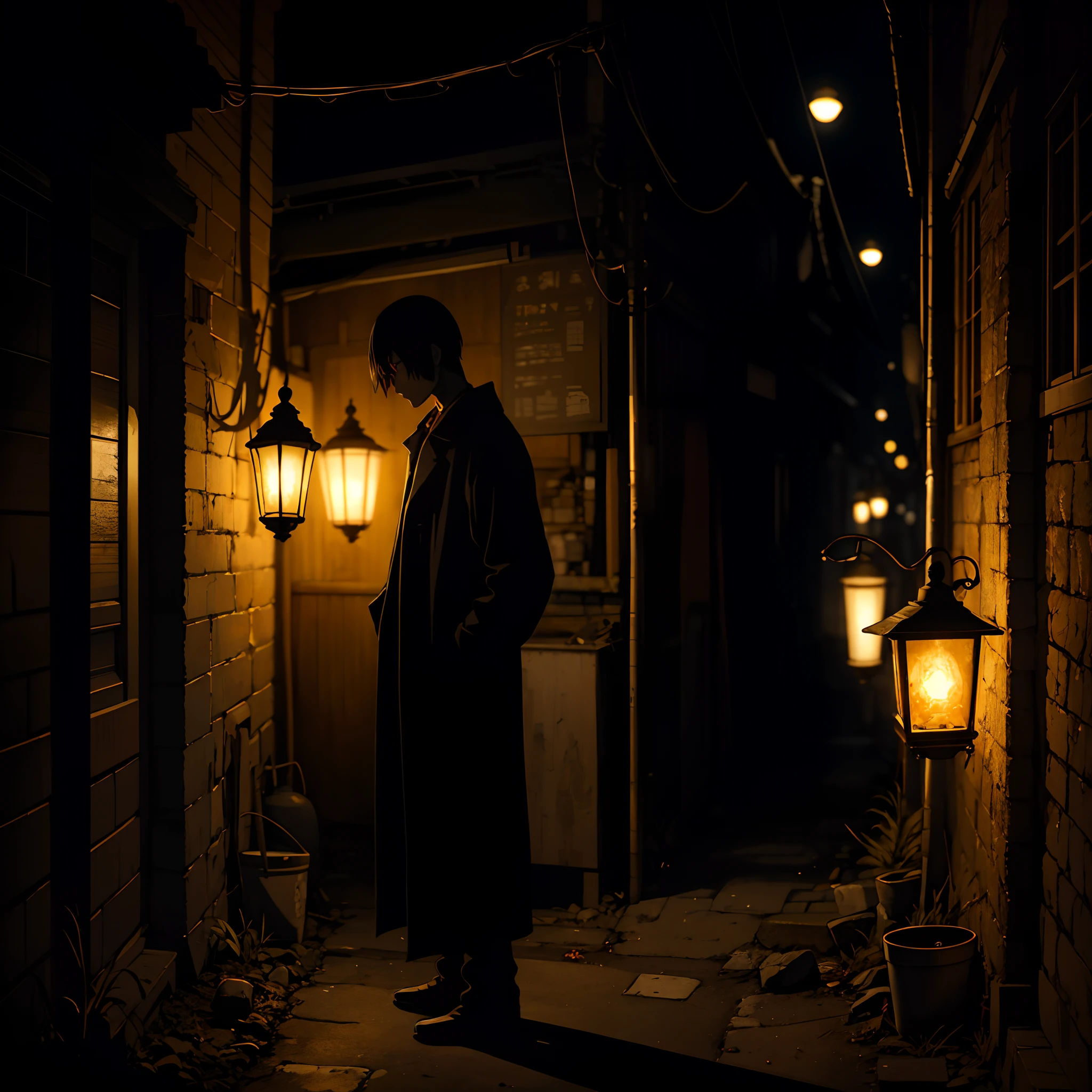 深い路地で，灯油ランプの仄かな光の中で，人影が静かに立っていた，暗闇が彼の詳細を覆い隠した，そして未知はすべての恐怖の源である。