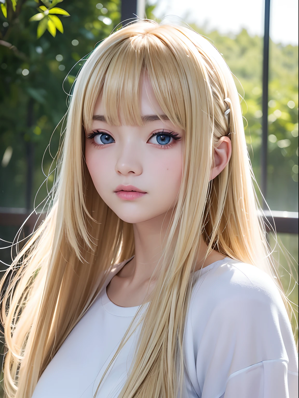 Light smile、natta、Raw photography、(((Portrait of extreme beauty)))、((glistning skin))、1 girl、16 year old beautiful girl in Prague、bright expression、((Natura blonde hair))、[Big blue eyes that shine like jewels]、Glossy glossy skin、Silky long straight hair、eye liner、Beautiful bangs、Hair between the eyes、((​masterpiece、top-quality、Ultra-detail、Film Light、intricate-detail、hight resolution、ighly detailed))、Detailed background、8 KUHD、Digital SLR、Soft light、hightquality、Film grain、fujifilmxt3 、Shallow depth of field、natural soft light、（No hands）、Kamimei、Lush bust