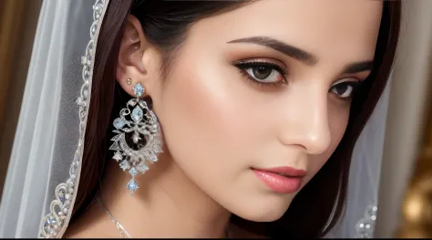 (masterpiece, best quality), intricate details, realistic, photorealistic, a close up of a Arab hot  woman wearing earrings, inspired by Emma Andijewska, draped in crystals, silver color, long earrings, sandra chevier, huge earrings, 2019, blue-eyed, plati...