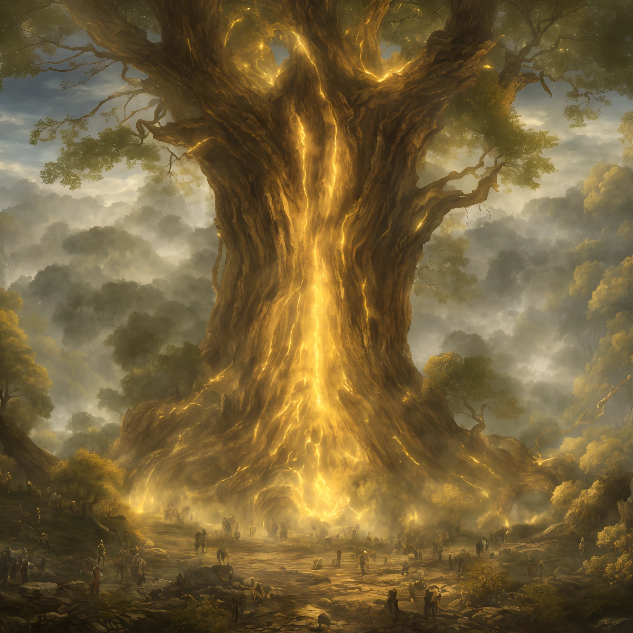 The Erdtree (Golden tree, Ōgonju) is a giant, golden tree that towers above the Lands Between. The Lands Between are blessed by the Elden Ring, which is the source of the Erdtree, that symbolizes its presence. It is the heart of the Golden Order. The blessing granted by the Erdtree and consequently the Elden Ring, is represented by a golden light in the eyes of the inhabitants of the Lands Between, known as the Grace of Gold. Upon their deaths, the remembrances of demigods and greater champions, and other such powerful beings are hewn into the Erdtree, no humans, white bark with fire luminous veins, ((glow)), magic, gigantic tree covering the entire sky