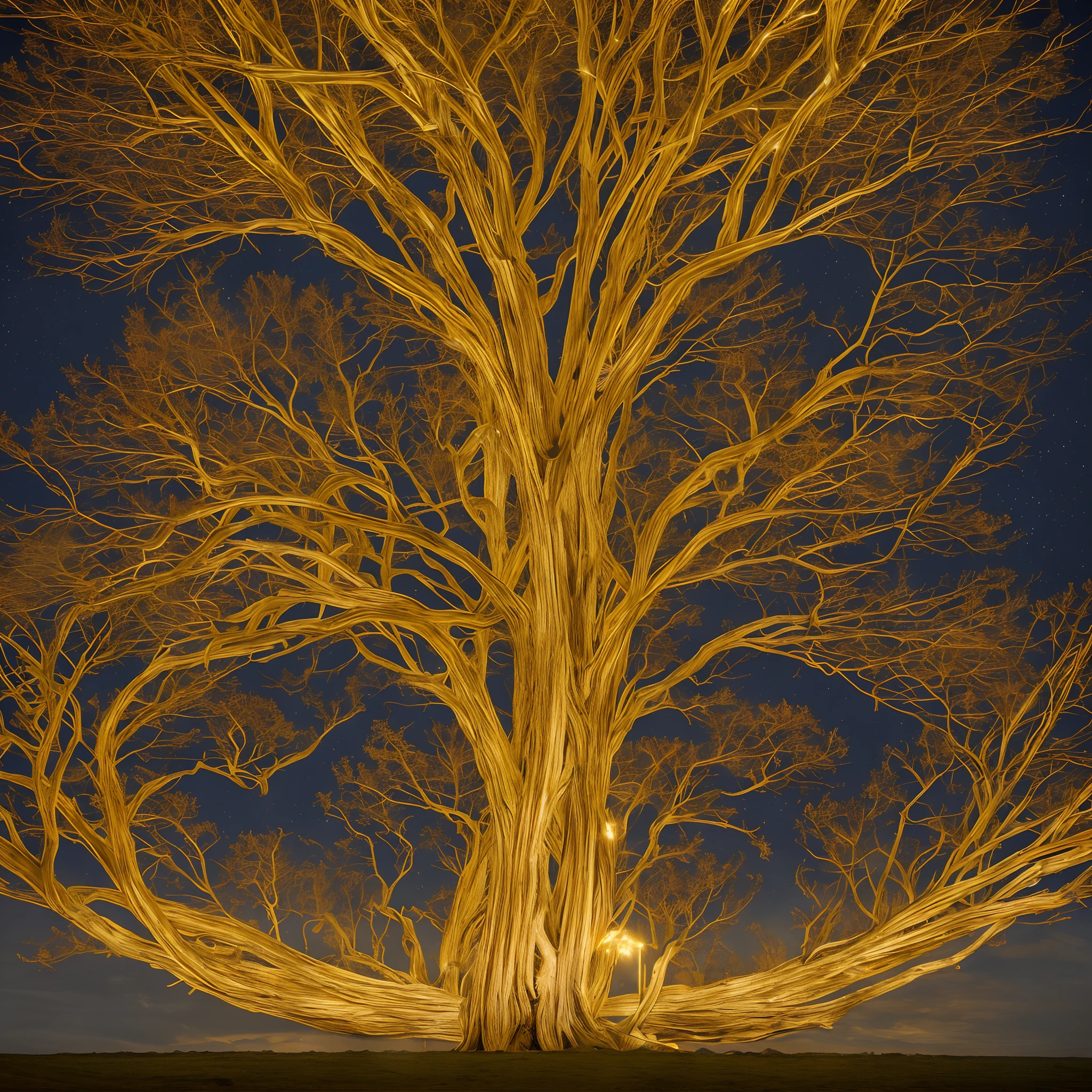 The Erdtree (Golden tree, Ōgonju) is a giant, golden tree that towers above the Lands Between. The Lands Between are blessed by the Elden Ring, which is the source of the Erdtree, that symbolizes its presence. It is the heart of the Golden Order. The blessing granted by the Erdtree and consequently the Elden Ring, is represented by a golden light in the eyes of the inhabitants of the Lands Between, known as the Grace of Gold. Upon their deaths, the remembrances of demigods and greater champions, and other such powerful beings are hewn into the Erdtree, no humans, white bark with fire luminous veins, ((glow)), magic, gigantic tree covering the entire sky