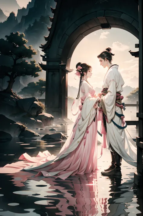 aquarelle，（a husband and wife：A man and a woman stand on the bridge：13），The barefoot，Hanfu，Chinese style clothes，Arched bridge，H...