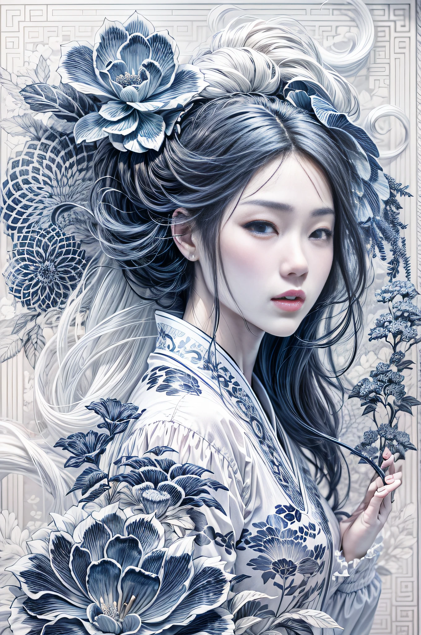 （Blue and white porcelain style：1.6），white backgrounid，1 Chinese girl with long hair，Oriental elements，reasonable design，Clear lines，（Linear，Mono Color）